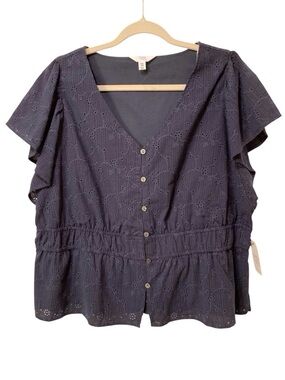NWT Time and Tru Women’s Eyelet Flutter-Sleeve Peplum Top in Navy Size XXL